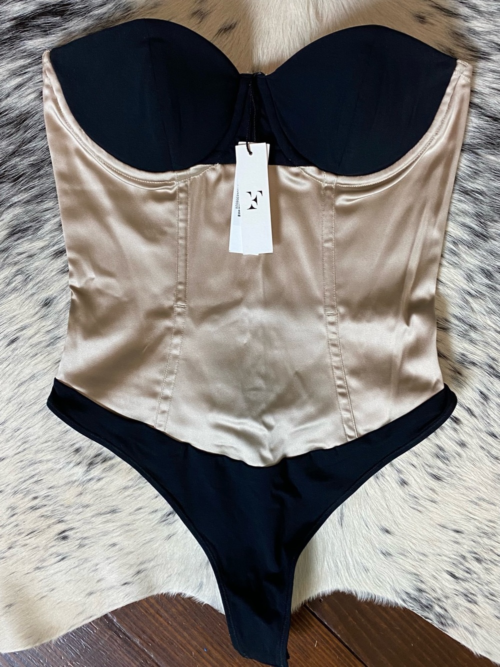 FLEUR DU MAL STRAPLESS SATIN CONTRAST CORSET BODYSUIT, SZ M